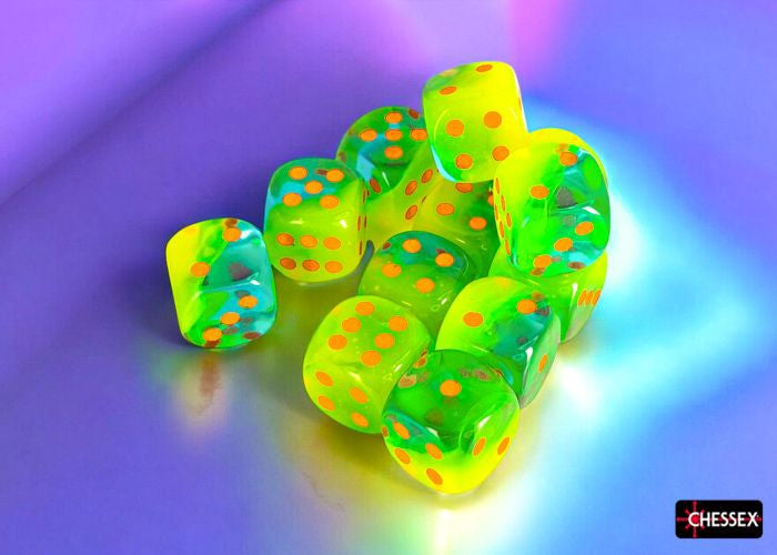 CHX 26670 Gemini Plasma Green-Teal/orange Luminary 16mm d6 Dice Block (12 dice)
