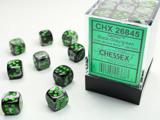 Chessex 12mm D6 Dice Block Gemini Black-Grey/Green