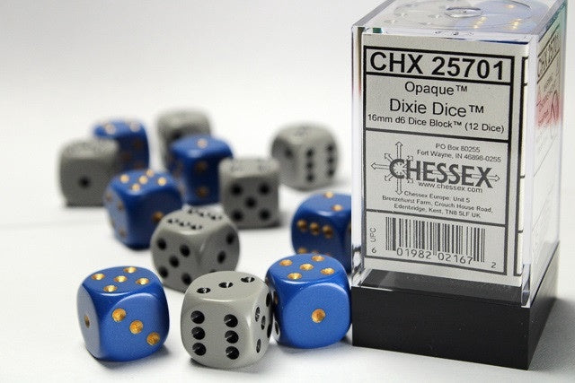 Chessex 16mm D6 Dice Block Dixie 6x Blue/Yellow 6x Dark Grey/Black