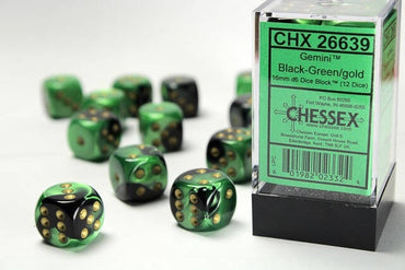 Chessex 16mm D6 Dice Block Gemini Black-Green/Gold
