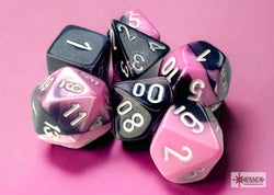 Chessex Gemini Mini-hedral Black-Pink/white 7-Die Set (black light reactive)