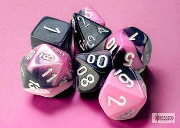 Chessex Gemini Mini-hedral Black-Pink/white 7-Die Set (black light reactive)