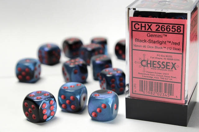 Chessex 16mm D6 Dice Block Gemini Black-Starlight/Red