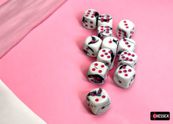 CHX 26669 Gemini Black-White/pink 16mm d6 Dice Block (12 dice)