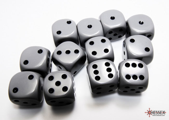 Chessex Opaque 16mm D6 Grey/black Dice Block (12 dice)