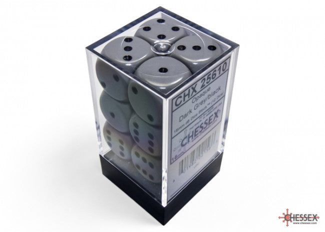 Chessex Opaque 16mm D6 Grey/black Dice Block (12 dice)