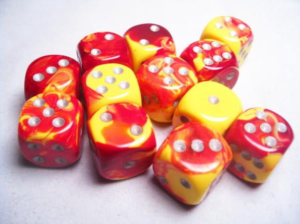 Chessex Dice Sets: Gemini # 5 16mm d6 Red-Yellow/Silver (12)