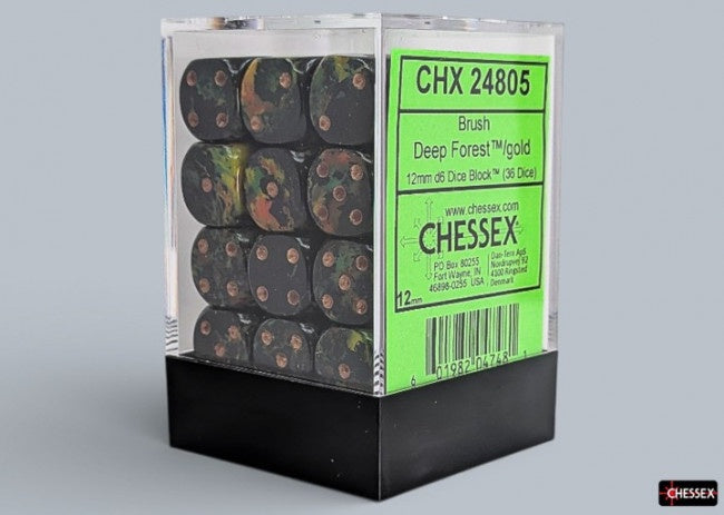 Chessex: Brush Deep Forest/Gold 12mm D6 Dice Block (36 Dice)
