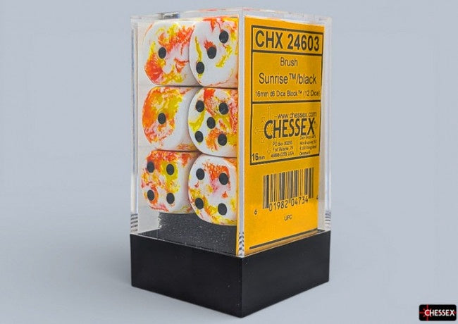 Chessex: Brush Sunrise/Black 16mm D6 Dice Block (12 Dice)