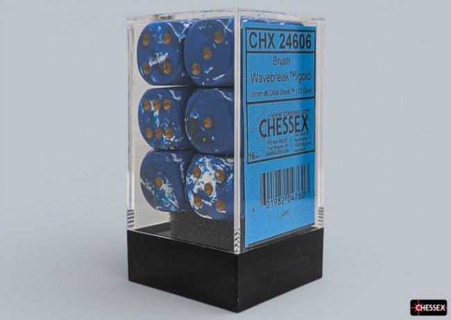 Chessex: Brush Wavebreak/Gold 16mm D6 Dice Block (12 Dice)