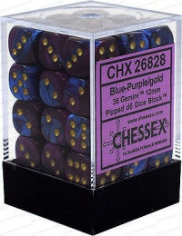 D6 Dice Gemini 12mm Blue-Purple/Gold (36 Dice in Display)