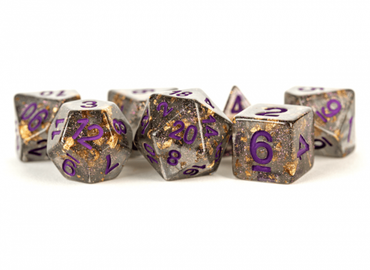 MDG 16mm Resin Polyhedral Dice Set: Gray w/ Gold Foil, Purple Numbers