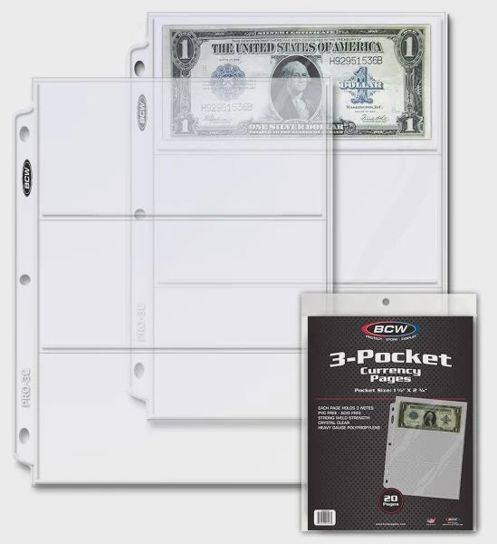 BCW 3 Pocket Protective Pages Currency (20 Pages Per Pack)