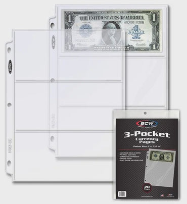 BCW 3 Pocket Protective Pages Currency (20 Pages Per Pack)