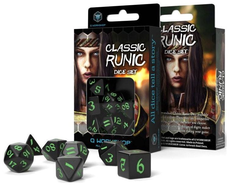 Classic Runic Dice Set - Black and Green (set of 7)