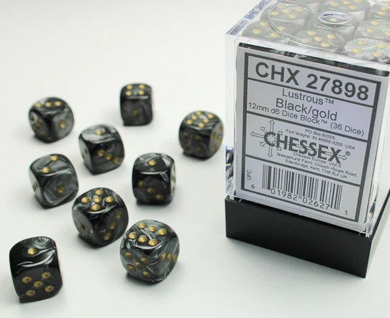 Chessex 12mm D6 Dice Block Lustrous Black/Gold