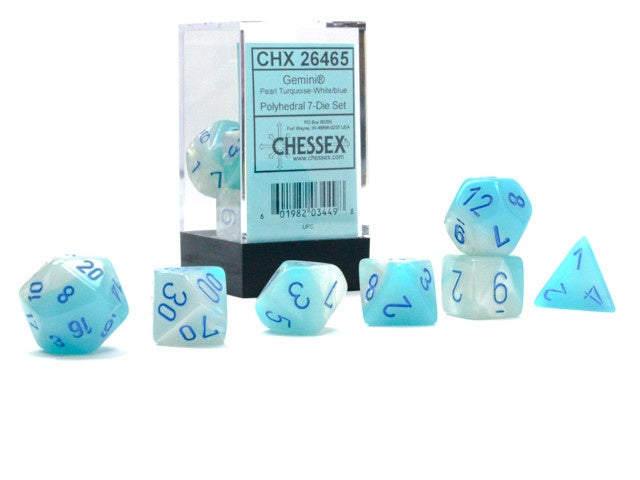 Chessex Polyhedral 7-Die Set Gemini Pearl Turquoise-White/Blue (Luminary Effect)