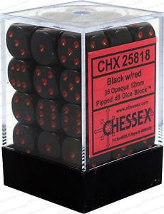 D6 Dice Opaque 12mm Black/Red (36 Dice in Display)