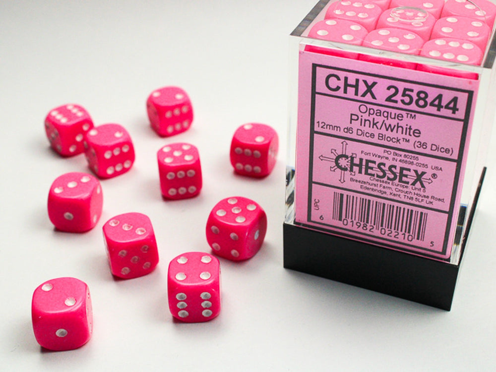CHX 25844 Opaque 12mm d6 Pink/White Dice Block (36)