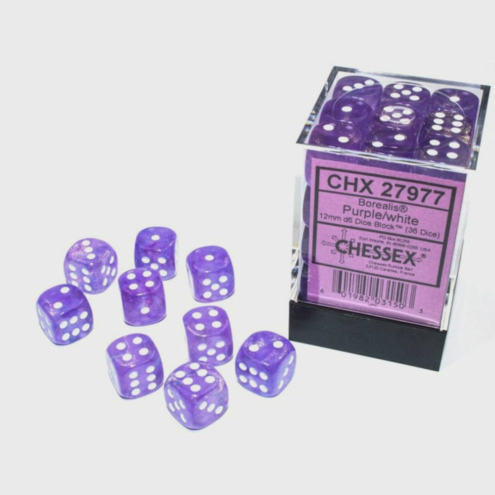 Chessex 27977 Borealis 12mm d6 Purple/white Luminary Block (36)
