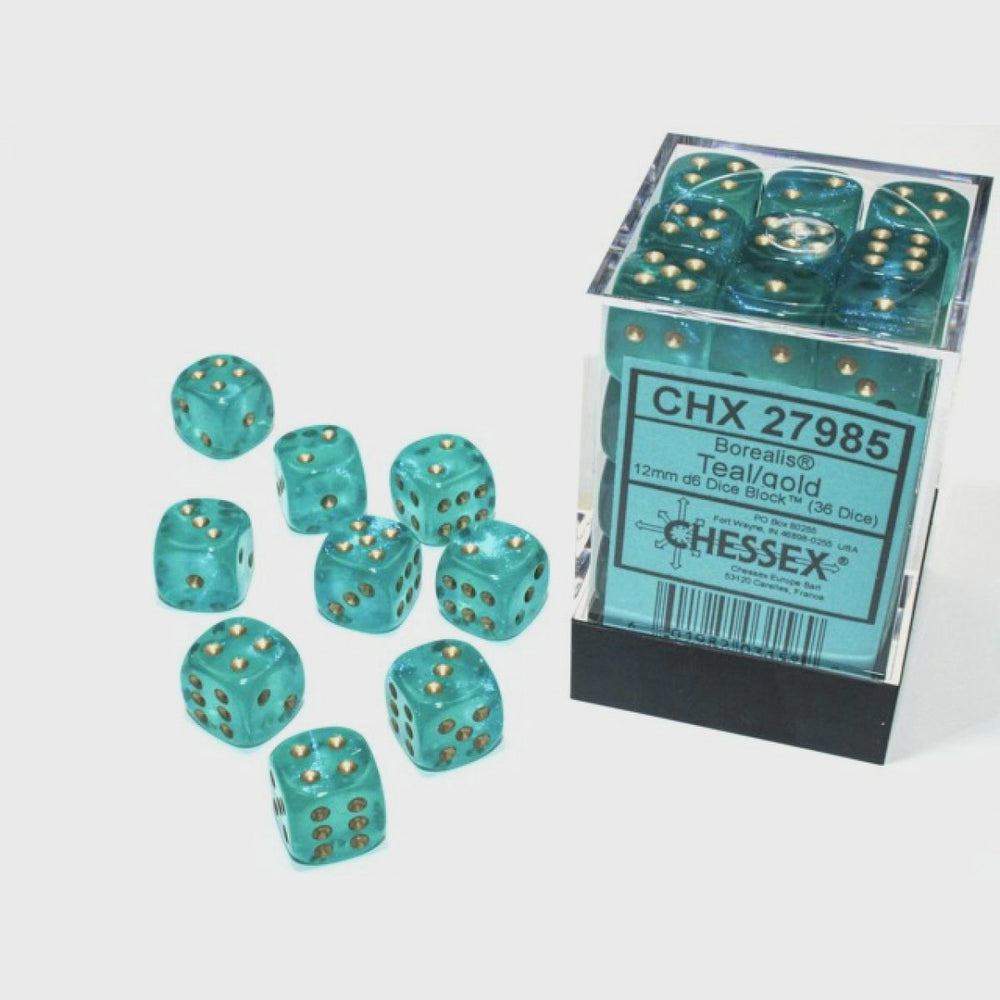 Chessex Borealis 12mm d6 Teal/gold Luminary Block (36)
