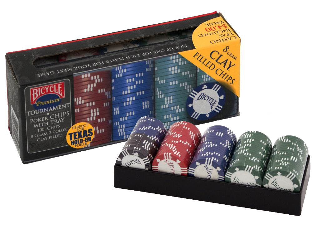 Bicycle 8 Gram Clay Poker Chip Set 100 Count with Casino Tray