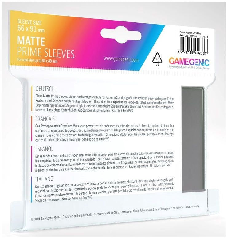 Gamegenic Matt Prime Card Sleeves Dark Gray (66mm x 91mm) (100 Sleeves Per Pack)