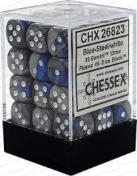 D6 Dice Gemini 12mm Blue-Steel/White (36 Dice in Display)