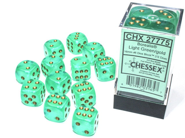 Chessex 16mm D6 Dice Block Borealis Luminary Light Green/Gold
