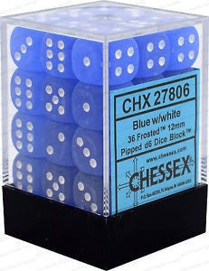 D6 Dice Frosted 12mm Blue/White (36 Dice in Display)