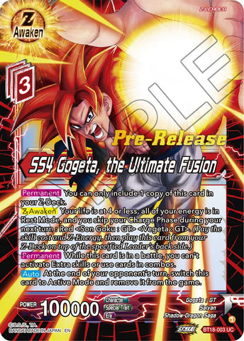 SS4 Gogeta, the Ultimate Fusion (BT18-003) [Dawn of the Z-Legends Prerelease Promos]