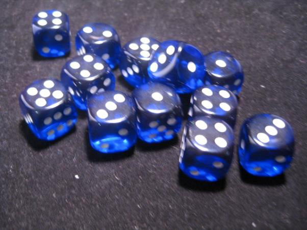Chessex Dice Sets: Blue/White Translucent 16mm d6 (12)