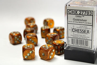 Chessex: Glitter 16mm d6 Gold/silver Dice Block (12 dice)