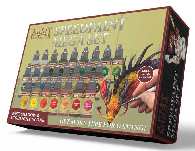 The Army Painter Speedpaint Mega Set - 24 x 18ml Speed Paint Kit Pre Loaded  with Mixing Balls and 1 Brush- Base, Shadow and Highlight in One Miniature