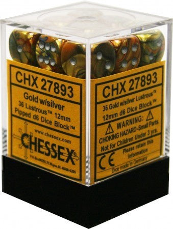 D6 Dice Lustrous 12mm Gold/Silver (36 Dice in Display)