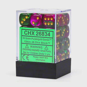 Chessex Gemini 12mm d6 Green-Purple/Gold Block (36)