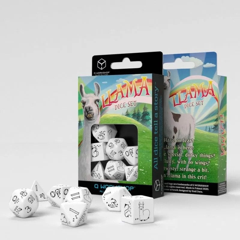 Q Workshop Llama Bright White and Black Dice Set 7