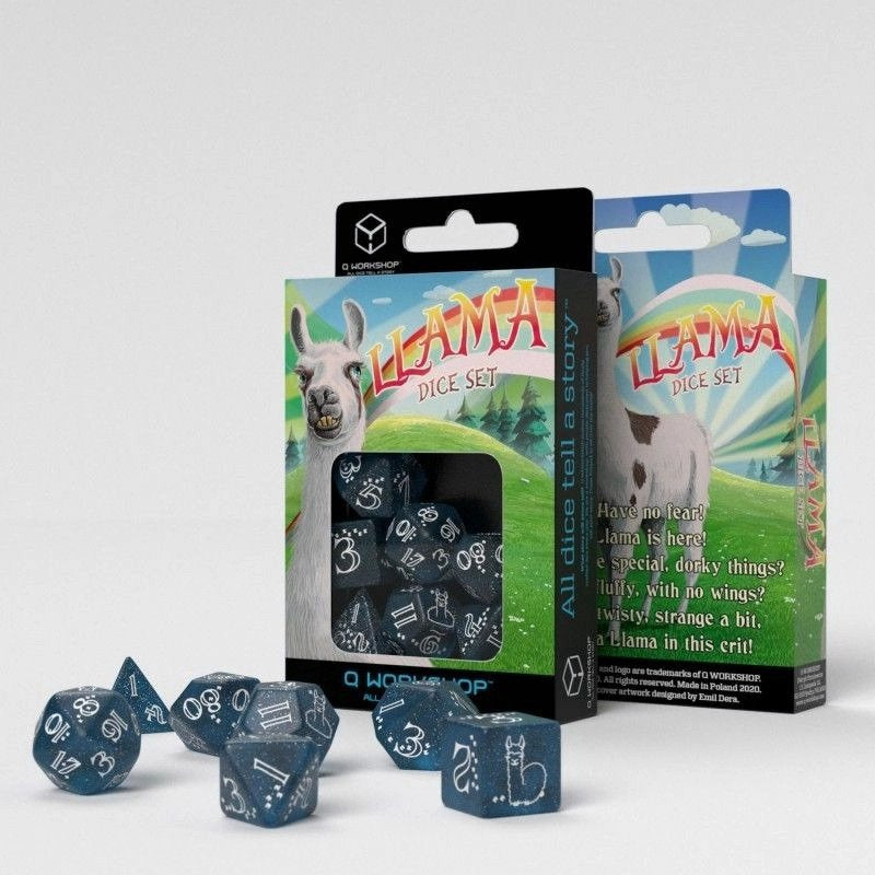 Q Workshop Llama Glittering Dark Blue and White Dice Set 7