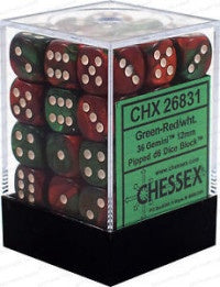 D6 Dice Gemini 12mm Green-Red/White (36 Dice in Display)