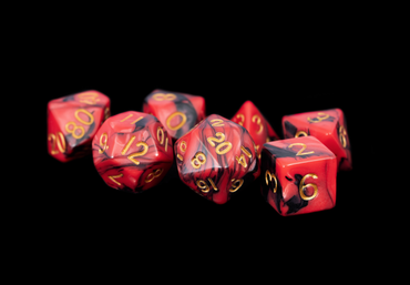MDG 16mm Acrylic Polyhedral Dice Set: Red/Black w/ Gold Numbers