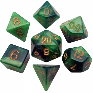 MDG 16mm Acrylic Polyhedral Dice Set: Green/Light Green w/ Gold Numbers