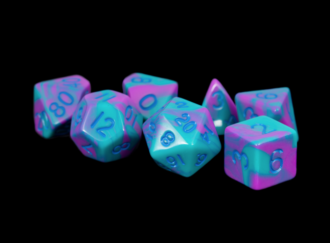 MDG 16mm Acrylic Polyhedral Dice Set: Purple/Teal w/ Blue Numbers